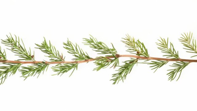 A close-up shot of a single pine tree branch on a white background, ideal for use in designs where a natural element is needed