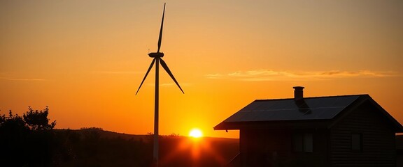 Windmill silhouette against sunset, home with solar panels on roof, sunset, generation