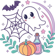 Cute Halloween Whimsical Ghost Bat Pumpkin Potion Spiderweb Illustration Art