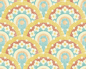 Seamless vector pattern. Embroidered floral fans in pastel and warm tones. Traditional craft-inspired motif with fine stitched texture. Vector Illustration.