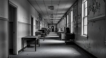 Fototapeta premium Eerie monochrome school hallway scene with empty desks and aged walls