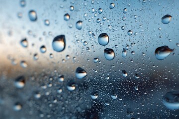 Close-Up Water Droplets on Blue Surface - Rain Texture, Wet Background, Condensation Abstract