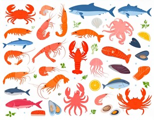 Fototapeta premium vector illustration of fresh sea food set collection