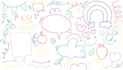 hand drawn landscape colorful doodle vector set, love, Natural , star, cloud, weather, rainbow, flower, bubble, heart and creative design vector collection.