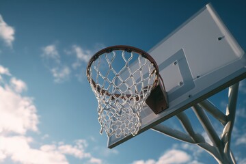 A basketball hoop with a white backboard and net against a blue sky background.