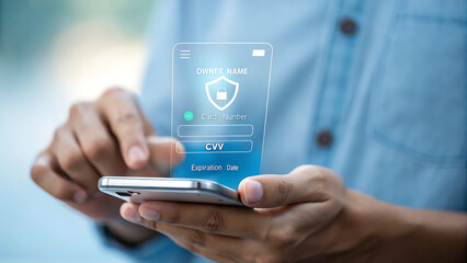 A person is using a mobile phone for secure online payment with data protection