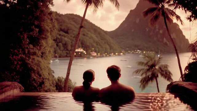 Romantic getaway with stunning mountain views in a luxurious Caribbean resort pool at sunset