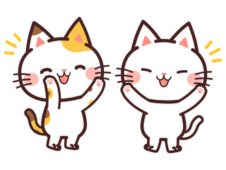 飛んで喜ぶ猫のかわいいキャラクター　2匹　イラスト素材