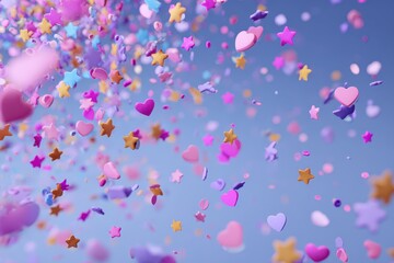 Fototapeta premium Confetti shower. Stars, hearts falling on pastel. Party celebration design element