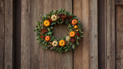 christmas wreath on wooden door