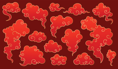 Oriental Asian Clouds Collection. Red elegant Chinese style clouds with golden border. Asian japanese traditional cloud ornaments set. Chinese new year clouds icons. 