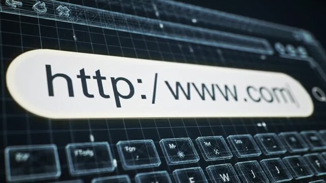Close-up of computer keyboard with http www com website URL on screen in animation design environment