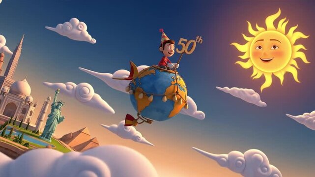 50th Anniversary: Whimsical Global Adventure! Animated Boy Soars Around World Landmarks on a Globe-Shaped Airship.