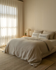 Fototapeta premium Serene Bedroom with Natural Light and Cozy Bedding