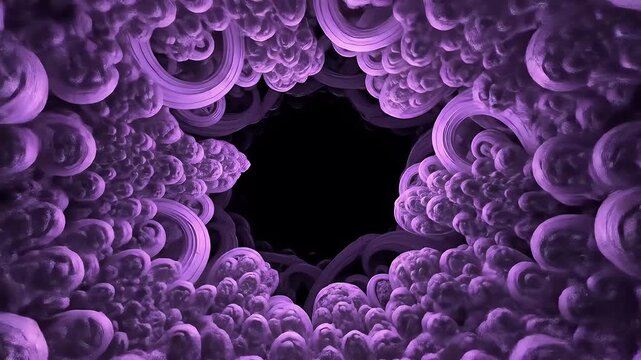 A surreal purple fractal tunnel with a black void center