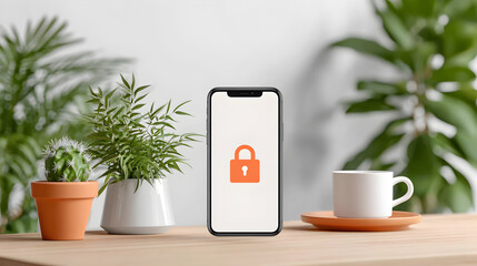 A phone with lock screen sitting on the desk beside the plants and a cup of coffee