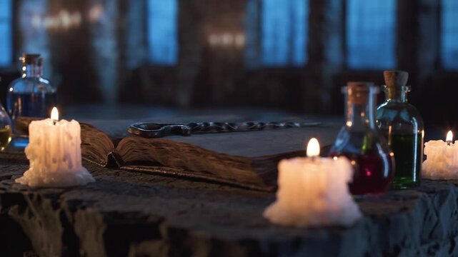 Gothic castle interior with weathered book, magic wand, potion bottles and melted candles glowing on stone altar, illuminated by soft moonlight through tall windows, creating mysterious, arcane vibe