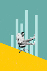 Poster sketch image artwork 3D photo collage of young man smile sit armchair funny goal business...