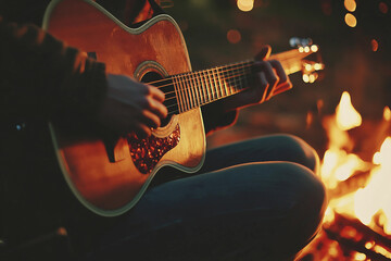 Old guitar near cozy campfire in forest during peaceful evening outdoor camping moment, generative ai