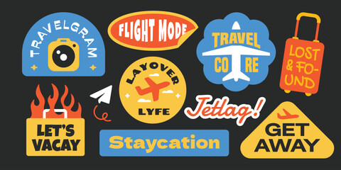 Travel elements stickers collection. Set of trendy vacation sign air travel y2k style.
