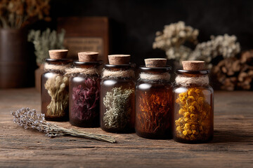 Botanical Essences: Dried flowers and herbs displayed in vintage glass bottles for natural remedies and aromatherapy.