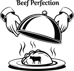 Beef Dish Line Icons  and Hands with Cloche and Cow Silhouette Serving Set