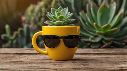 Yellow Cup with Sunglasses and Succulent Plant