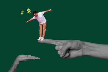 Creative banner full art collage of shocked businessman stand human hands point out dismissal redundancy concept termination