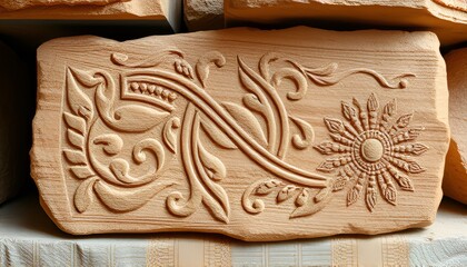 Sandstone stone engraved with artistic motifs emphasizing its la