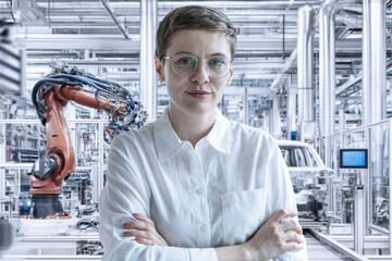 Manager with tablet smiling in modern automated factory
