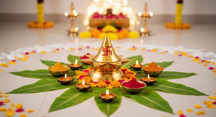 Sacred golden kalash with swastika symbol surrounded by diyas and flowers