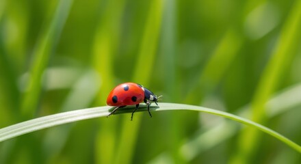 Close up of a ladybug on a blade of grass in the sun