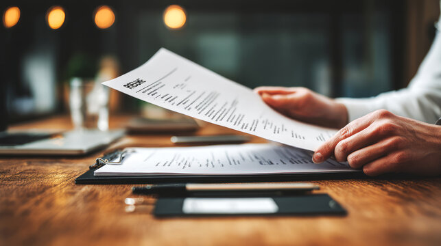 Close-up of a recruiter’s hands reviewing a printed resume at a wooden desk in a modern office setting, symbolic of the hiring process. ai generative