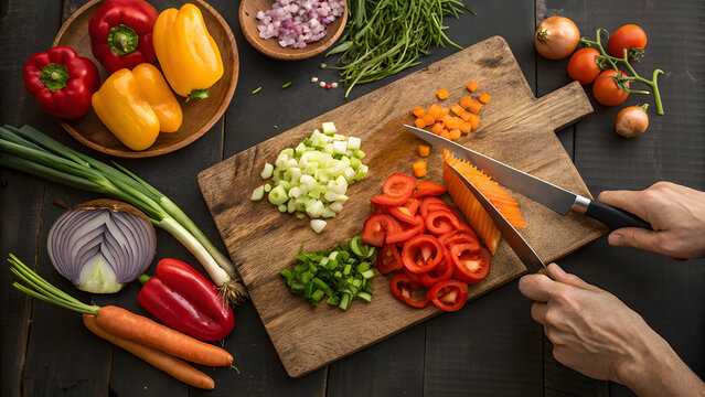 Hands chopping carrots on wooden board with fresh vegetables