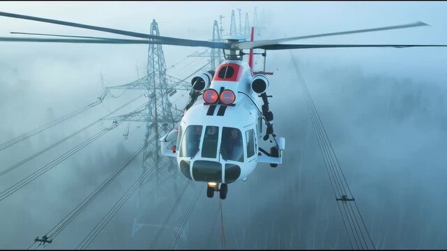Technician repairing high-voltage power lines from a helicopter extreme maintenance task in mid-air