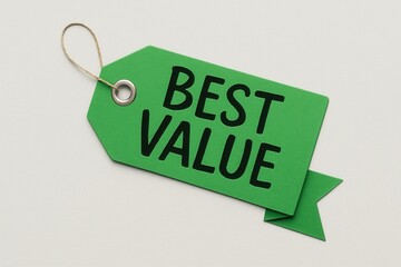A green tag with the inscription "Best Value" in bold black letters, featuring a string loop for attachment, symbolizing affordability and deals.
