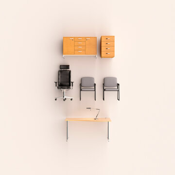 Modern office furniture arranged in order in 3D render