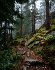 Obraz premium Misty Forest Path with Stone Steps and Lush Greenery