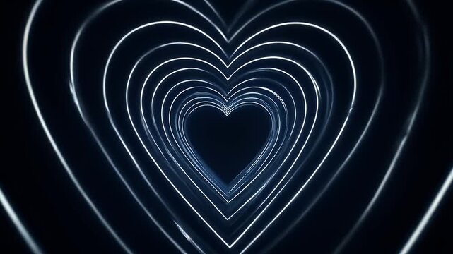 Abstract tunnel of glowing white heart shapes on a dark background