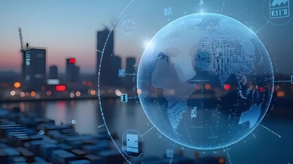 Digital globe overlayed on a cityscape with blurred lights and a crane at dusk in the background - Powered by Adobe