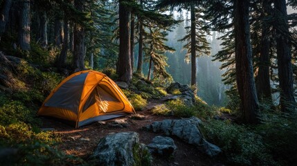 Cozy tent nestled in the forest, sunlight casting through the trees scene
