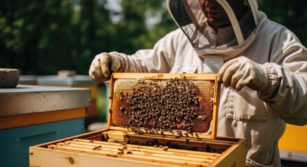 A fairy harvests honey in a wooden box