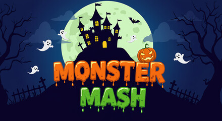 A fun 'Monster Mash' Halloween party poster. This cartoon illustration features a spooky castle, full moon, ghosts, bats, and dripping orange text.