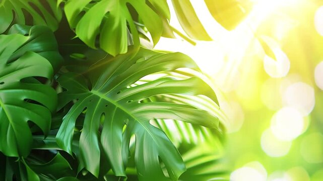 Tropical green leaves gently swaying in sunlight with bokeh effect