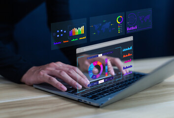 Obraz premium Business Analyst Use Computers and Dashboards for Data Analysis and Database-Connected Metrics for Finance Technology Operations Sales Marketing 