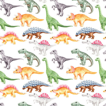 Cute watercolor dinosaur pattern. Seamless print with colorful prehistoric creatures. Hand-painted design with different species. Ideal for kids' textiles and products.