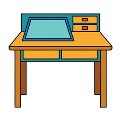 Desk with monitor isolated on transparent background in line art style