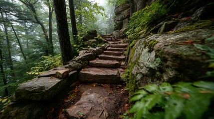 Fototapeta premium Misty Forest Stone Steps Hiking Trail on a Rainy Day