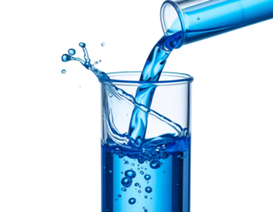 Single Test Tube Tipped at an Angle with Blue Liquid Pouring Out, Dynamic Composition, Transparent Background