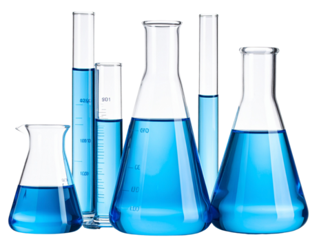 Set of Laboratory Glassware with Blue Solutions – Beaker, Test Tube, and Flask Grouped Together, Isolated PNG
